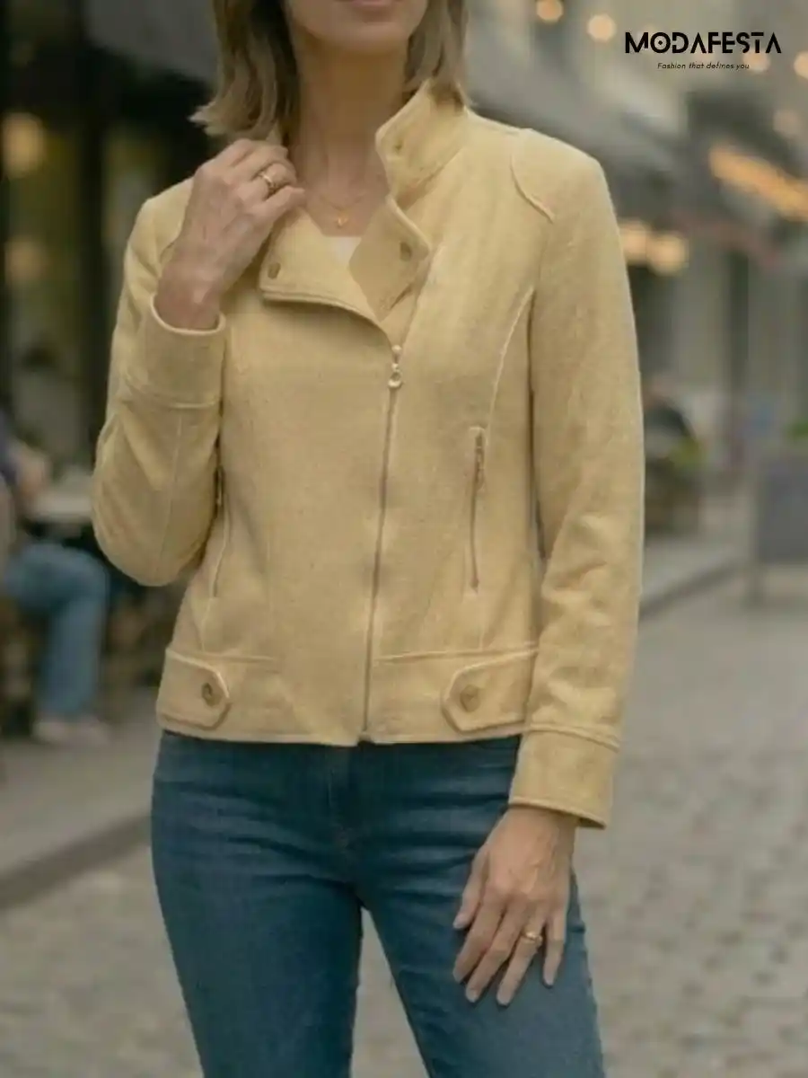 ModaFesta -beige-asymmetric-zipper-biker-jacket