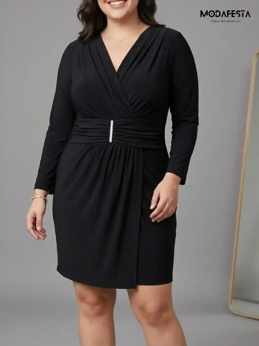 ModaFesta -elegant-v-neck-bodycon-partwear-dress-black