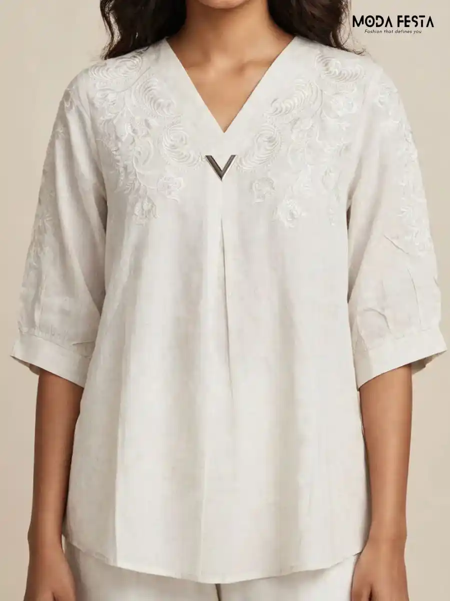 White Embroidered V-Neck Top