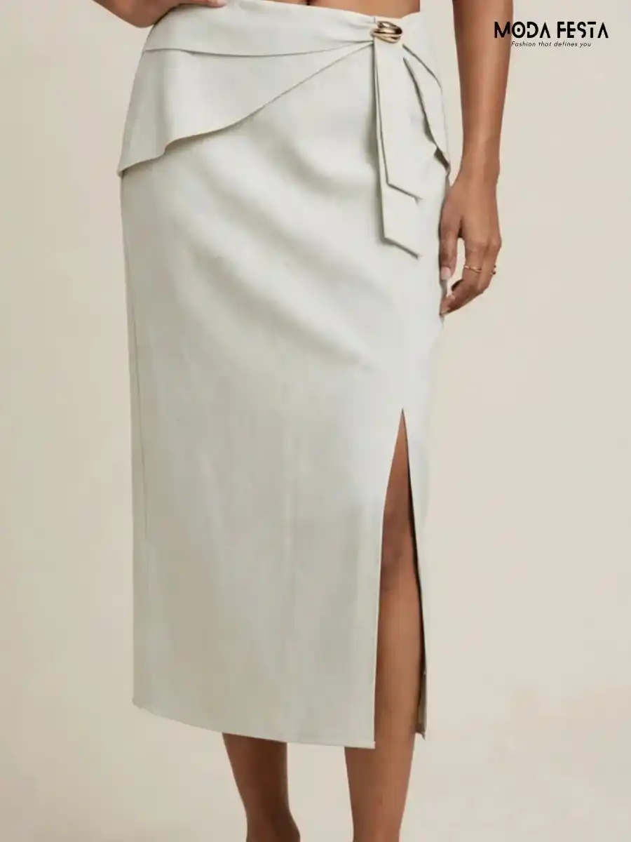 Elegant Front Slit Midi Skirt with Tie-Up Waist