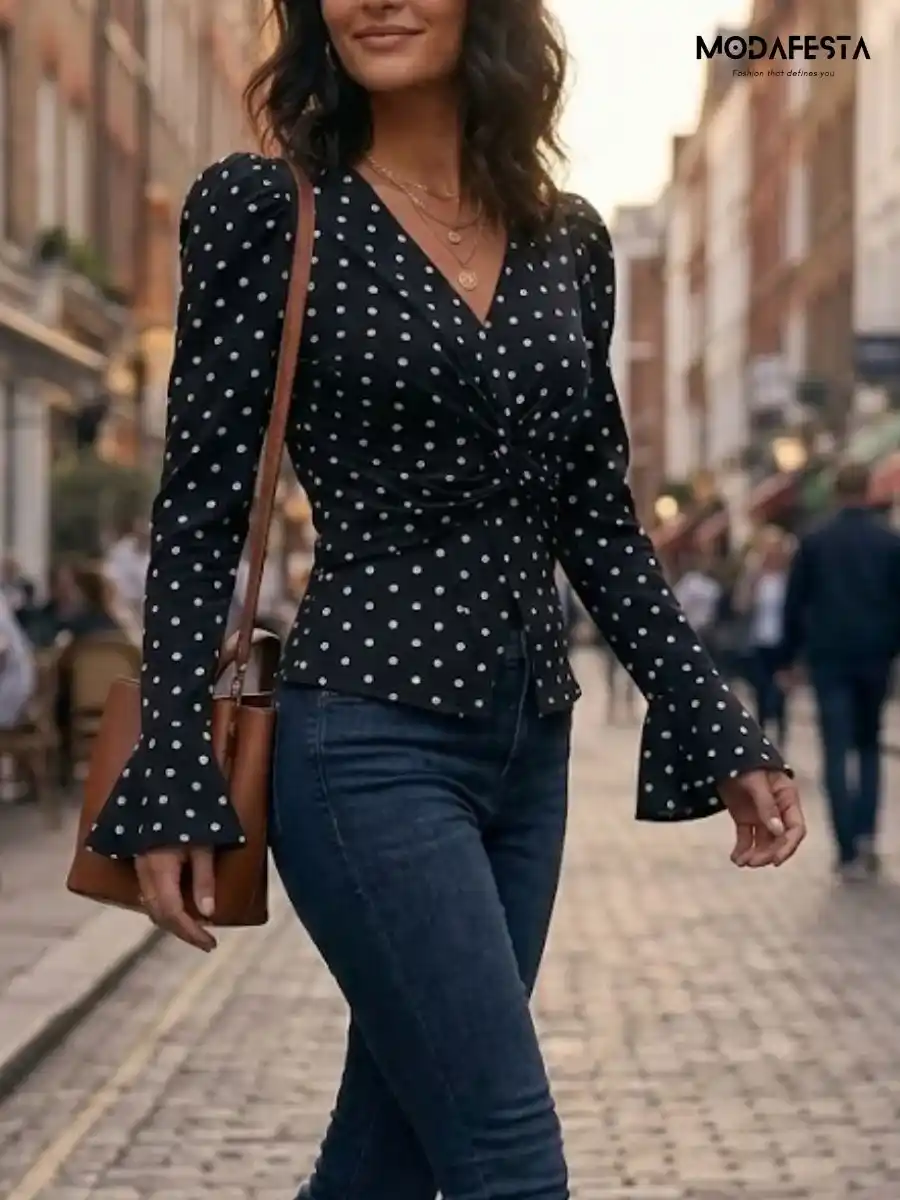 ModaFesta -stylish-v-neck-polka-dot-top-black
