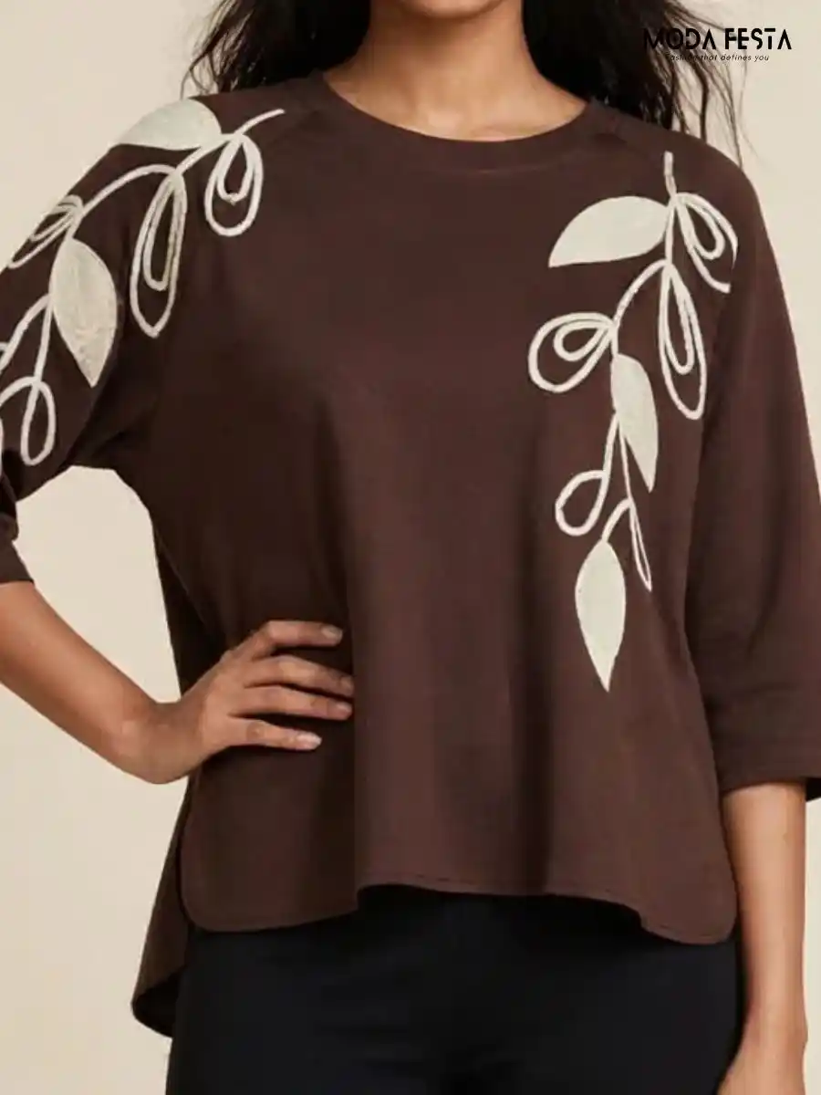 ModaFesta -elegant-brown-embroidered-leaf-motif-top