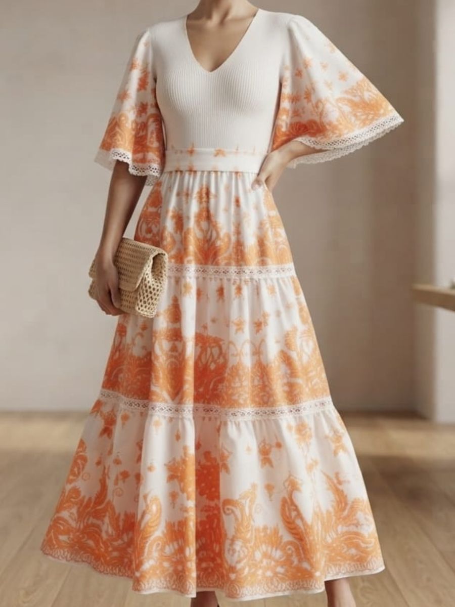 bamboo-ankle-length-dress-v-nack-floral-print-white-an-orange