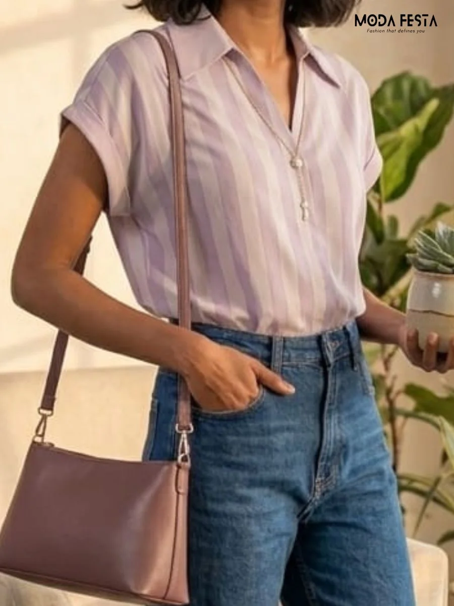 Lilac Vertical Striped V-Neck Collared Top