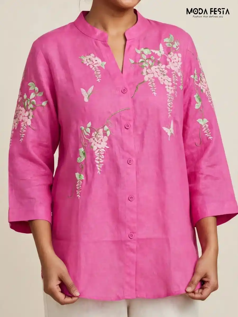 ModaFesta -pink-floral-and-butterfly-embroidered-casual-shirt