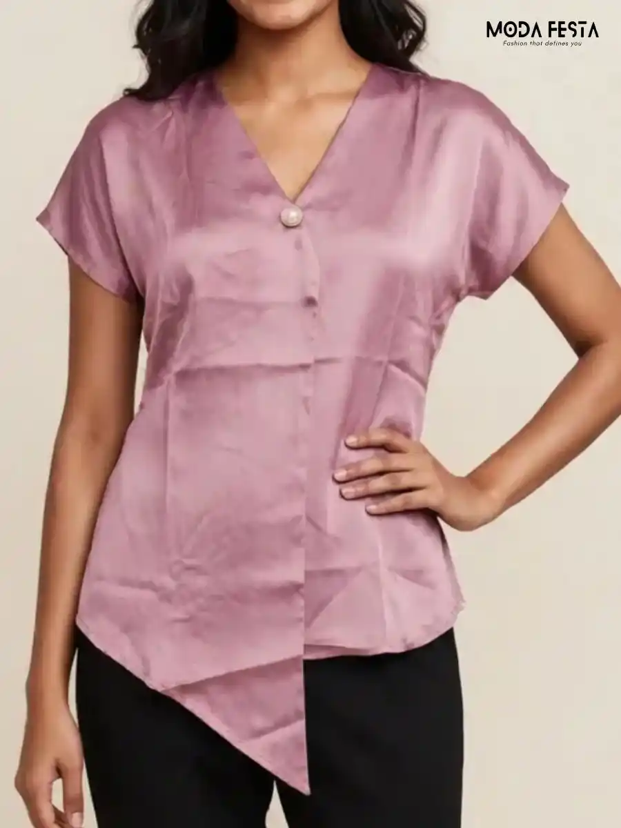 Mauve Satin V-Neck Short Sleeve Asymmetric Top