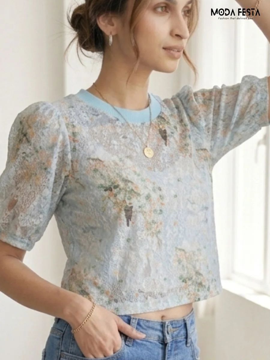 ModaFesta -floral-lace-puff-sleeve-crop-top
