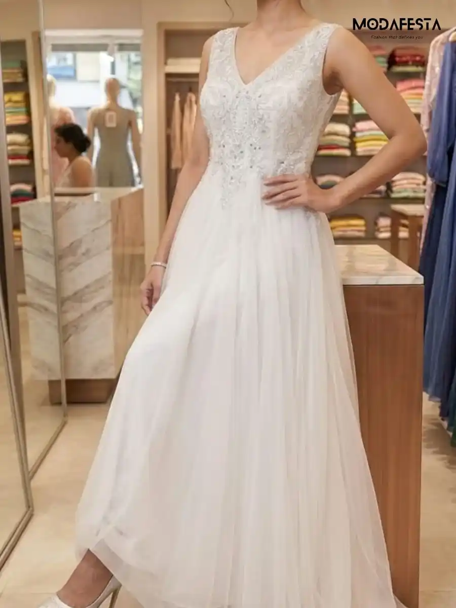ModaFesta -elegant-v-neck-embellished-a-line-party-gown-white