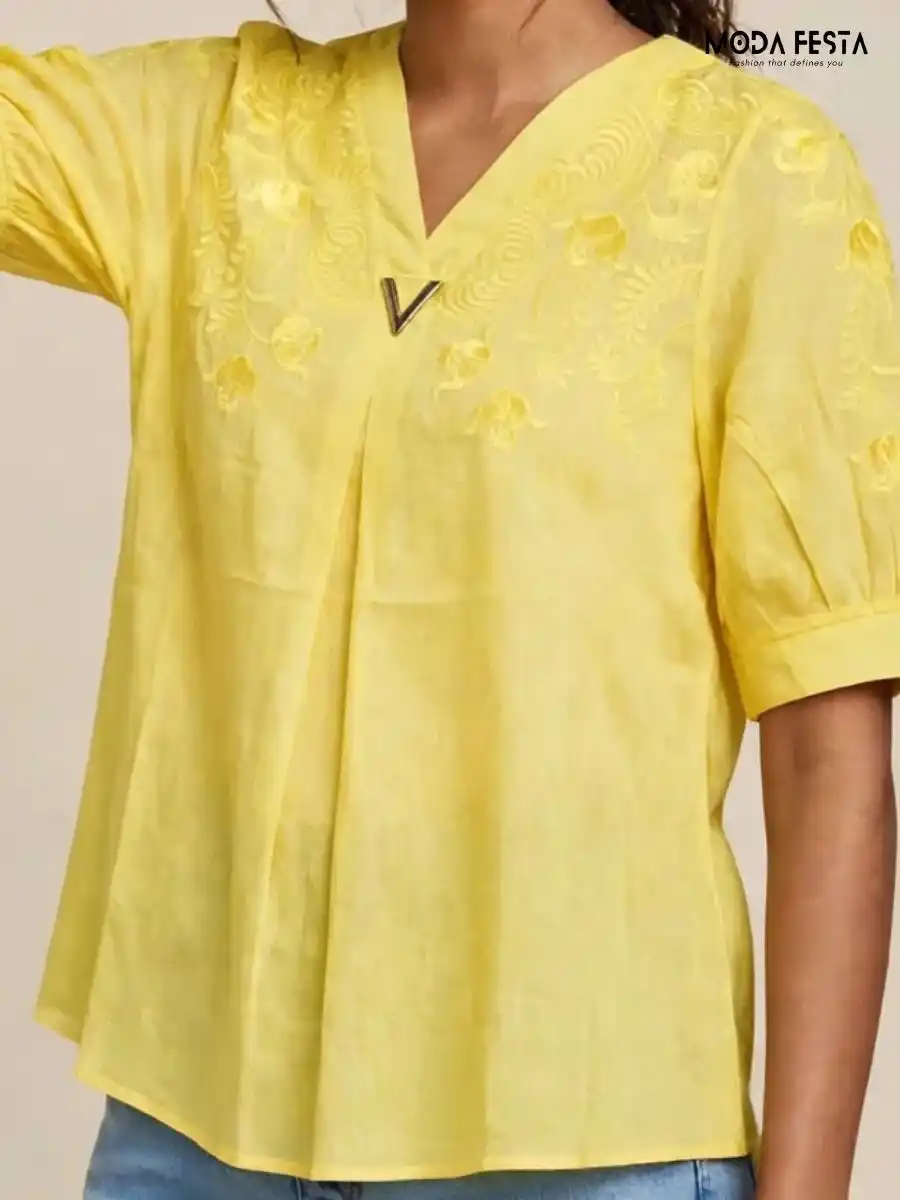 ModaFesta -yellow-embroidered-v-neck-top