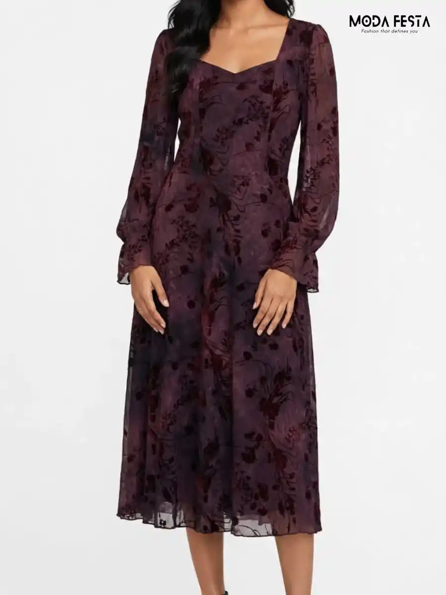 ModaFesta -elegant-floral-print-velvet-chiffon-midi-dress