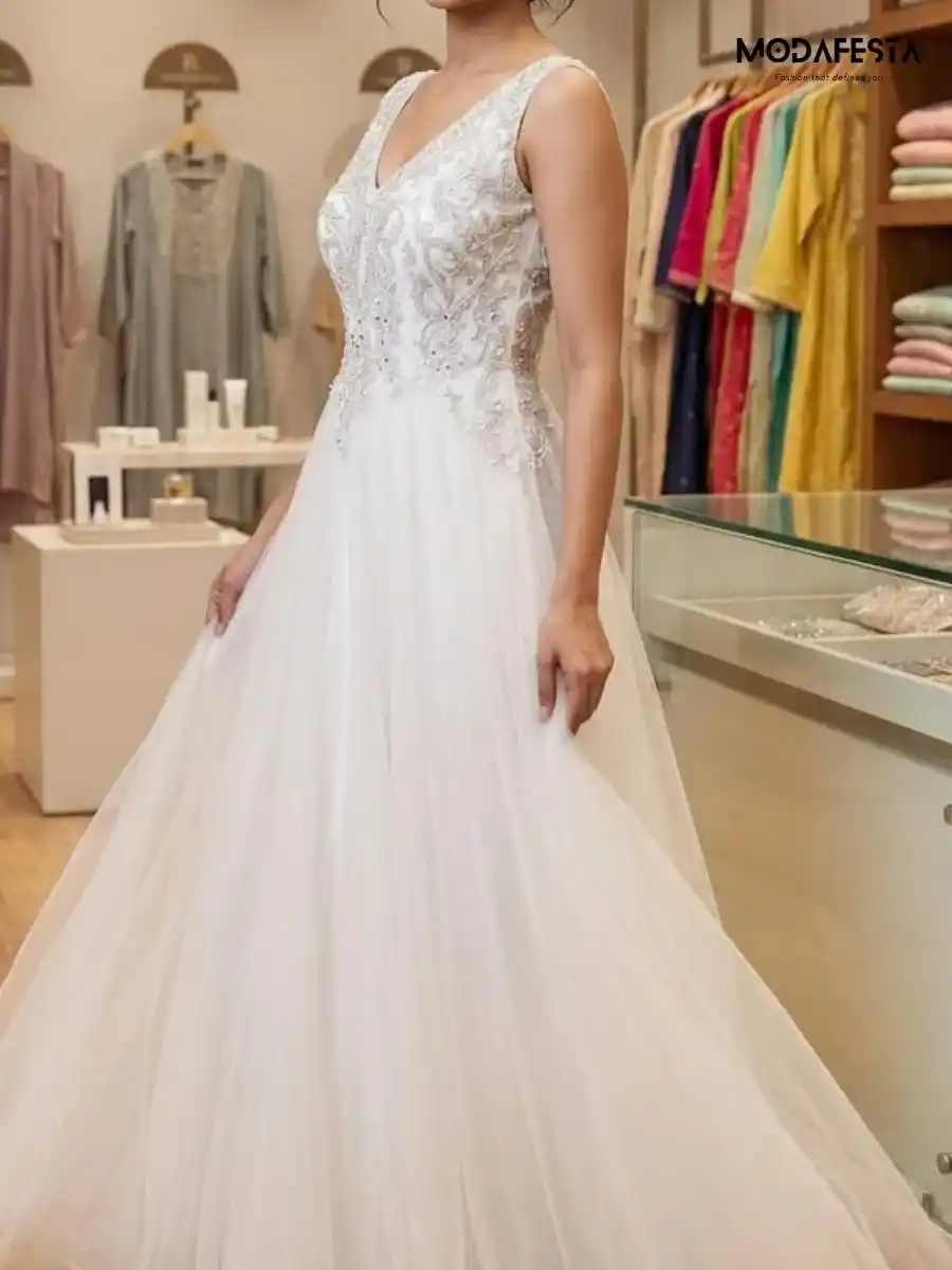 ModaFesta -elegant-v-neck-embellished-a-line-party-gown-white