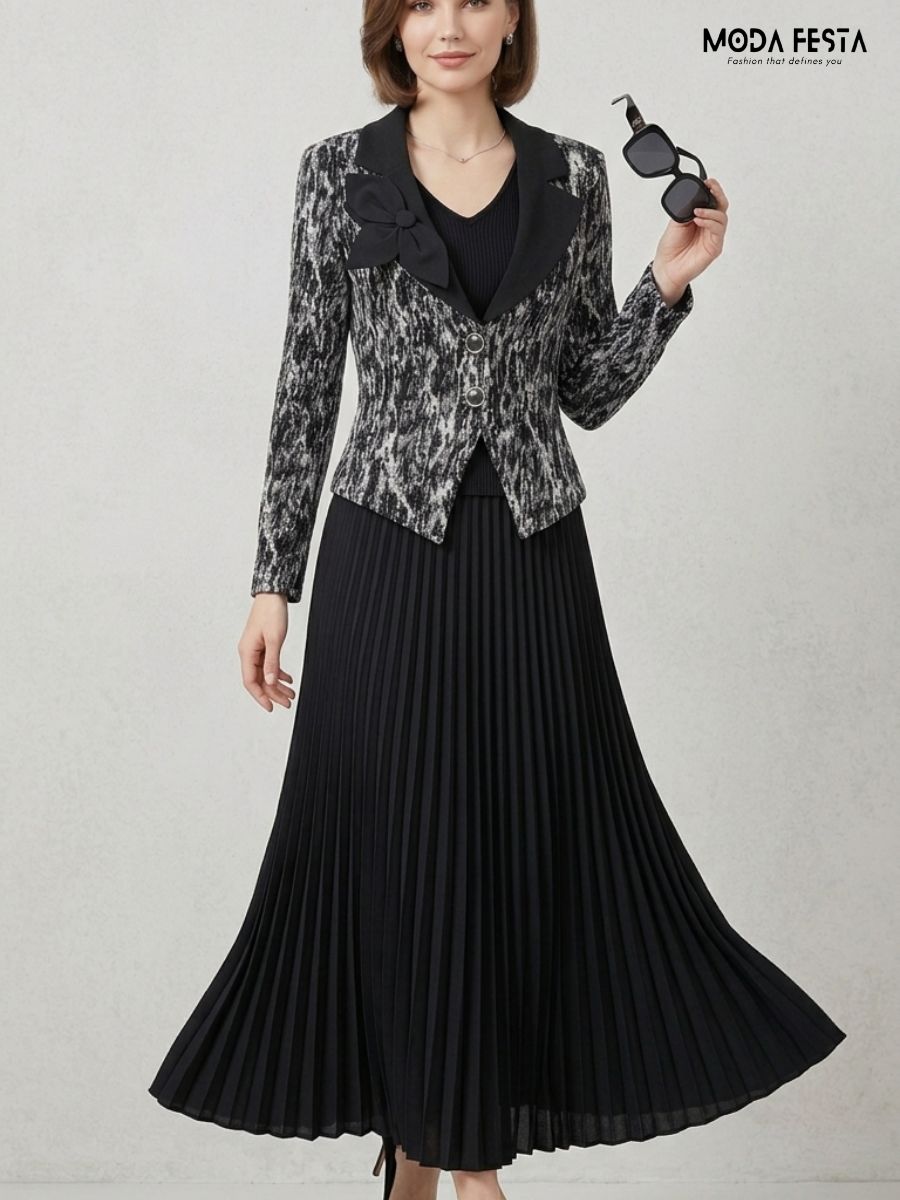 ModaFesta -vivienne-bow-detai-textured-blazer-pleated-midi-dress-set