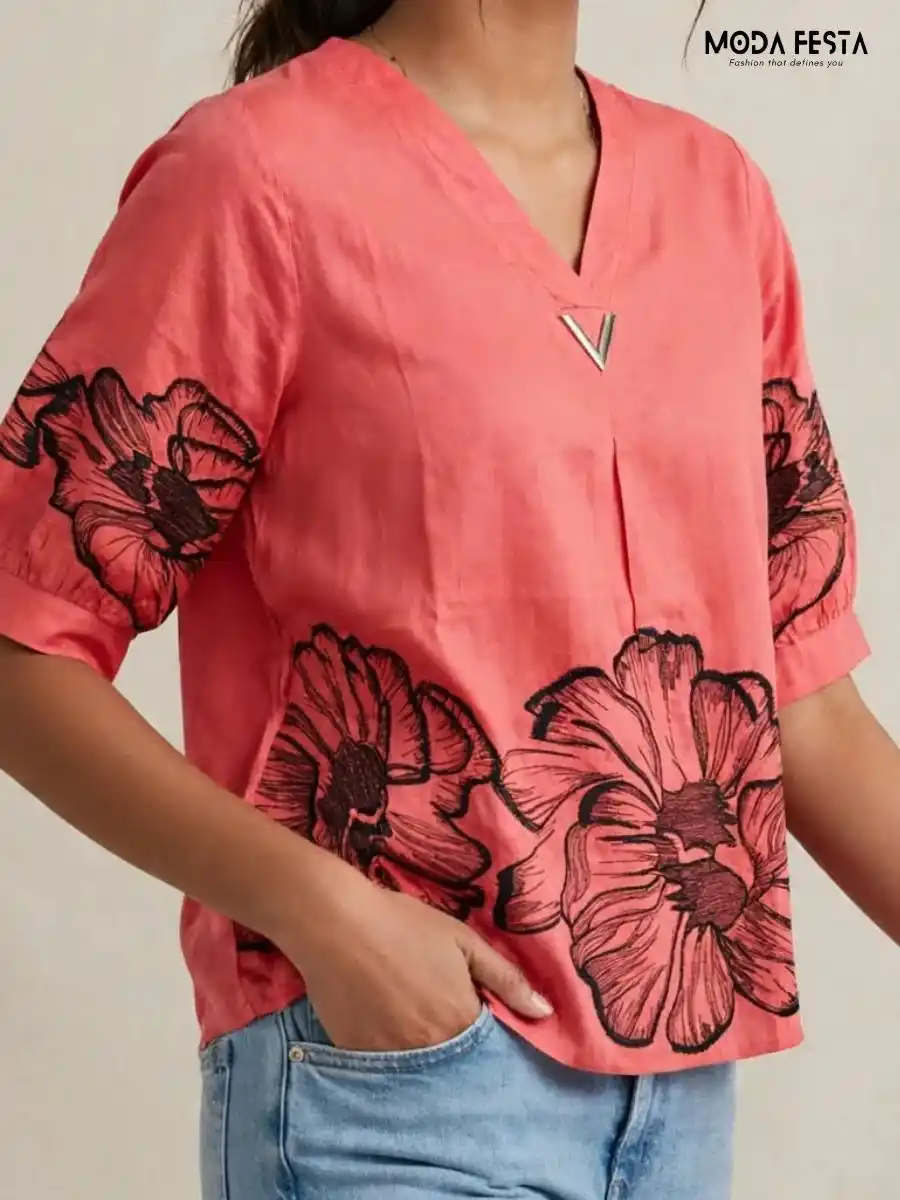 ModaFesta -coral-oversized-floral-print-top