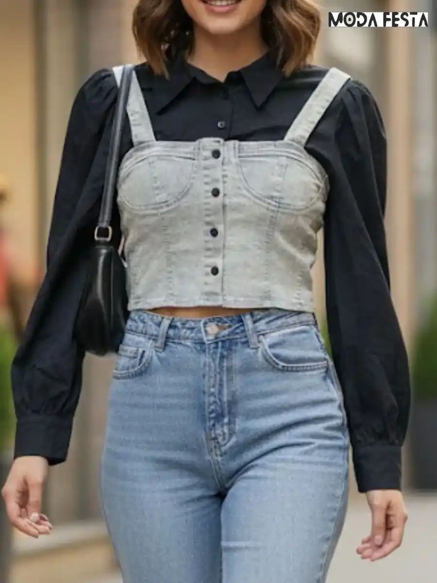 ModaFesta -black-shirt-with-denim-bustier