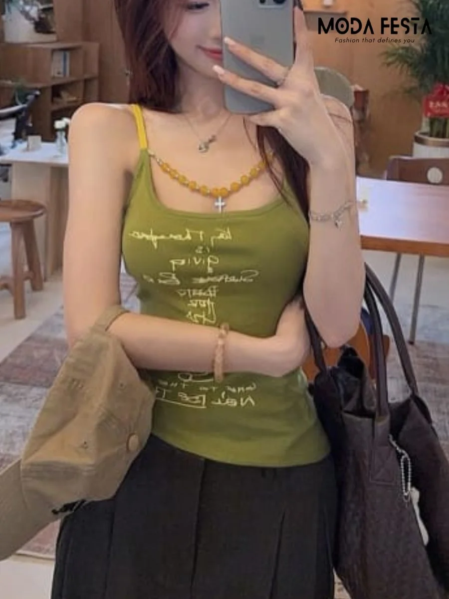 ModaFesta -elegant-letter-print-crop-top-green