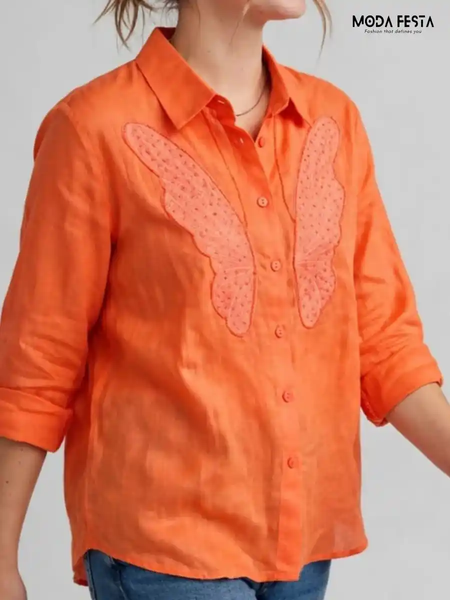 ModaFesta -orange-embroidered-wing-detail-shirt