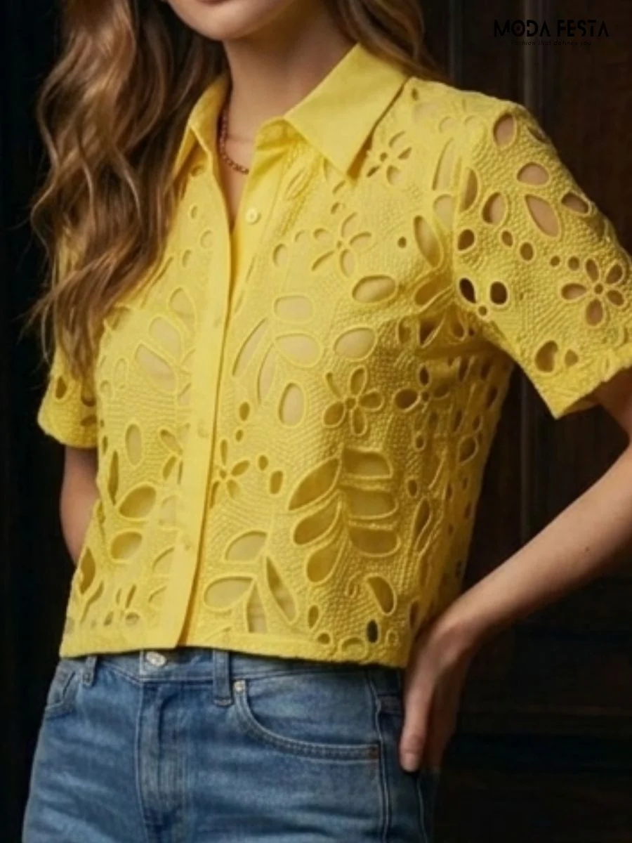ModaFesta -bright-yellow-floral-eyelet-button-down-shirt