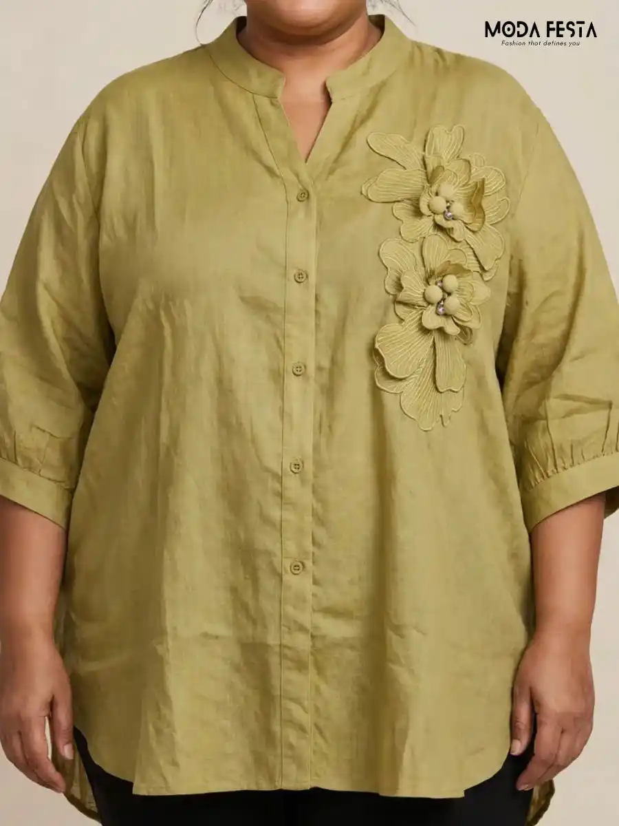 ModaFesta -sage-green-3d-floral-applique-casual-shirt