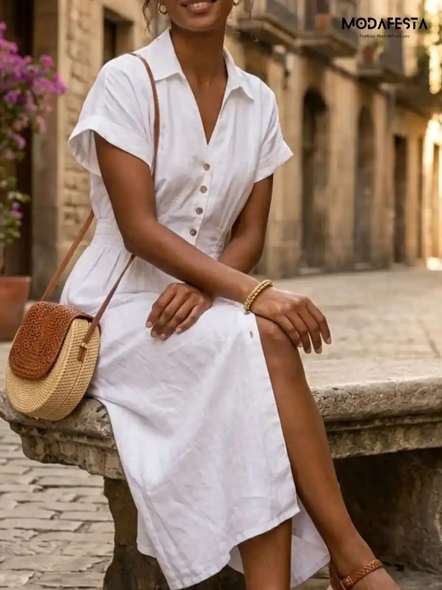ModaFesta -elegant-linen-button-down-midi-dress-white