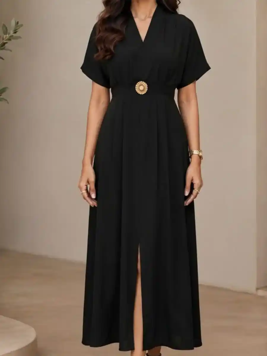 ModaFesta -elegant-black-v-neck-waist-buckle-maxi-dress