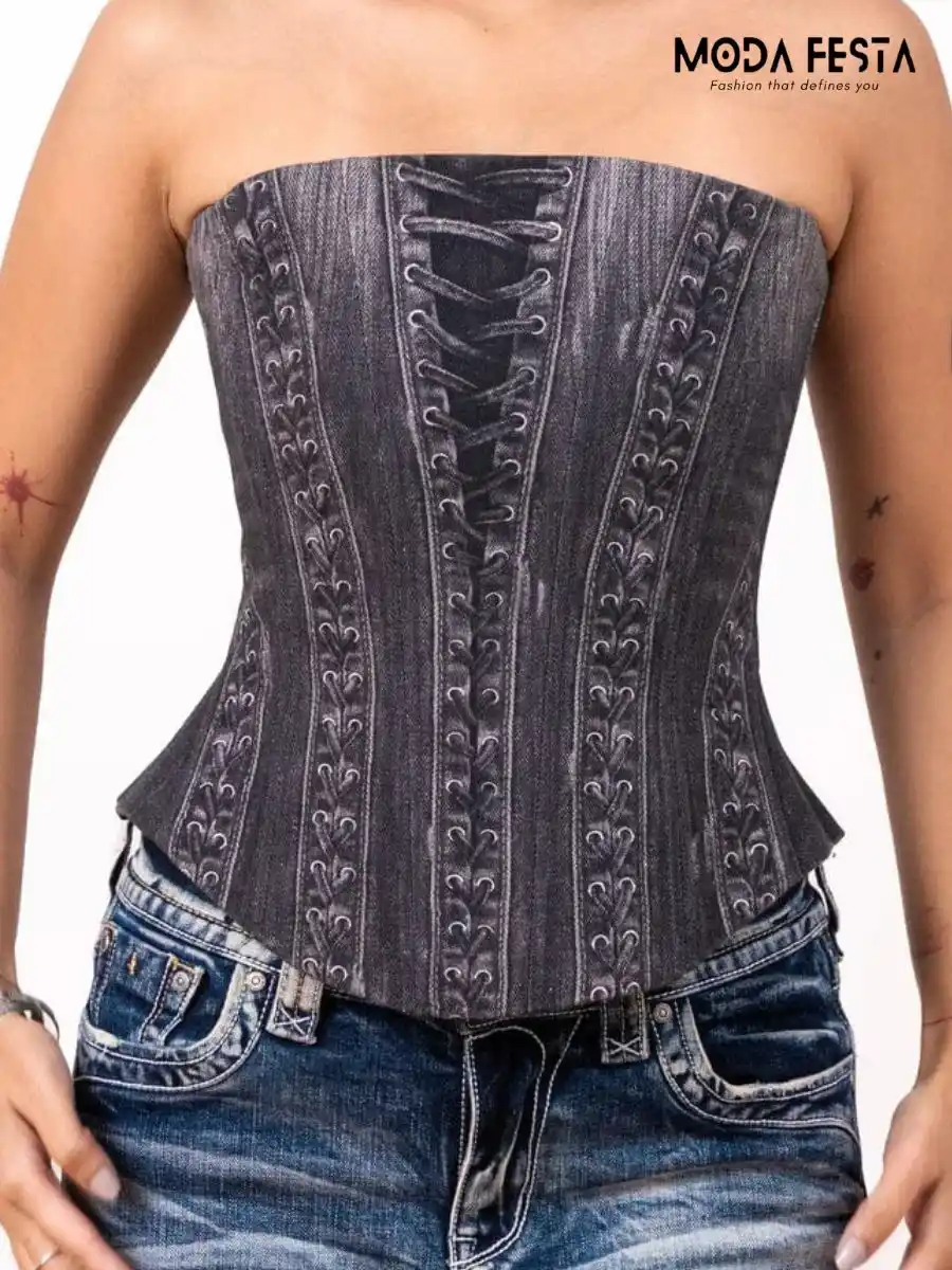 Elegant Vintage Lace Denim Tube Top
