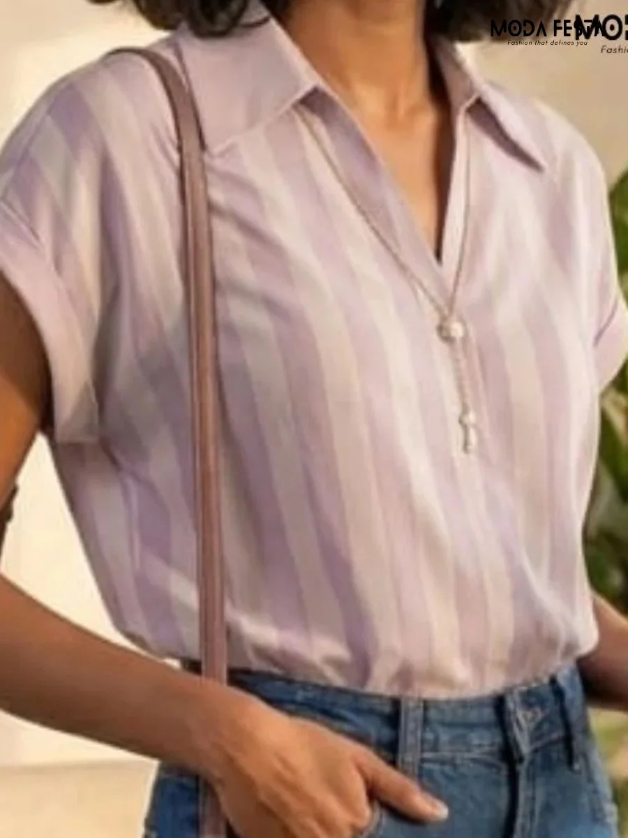 Lilac Vertical Striped V-Neck Collared Top
