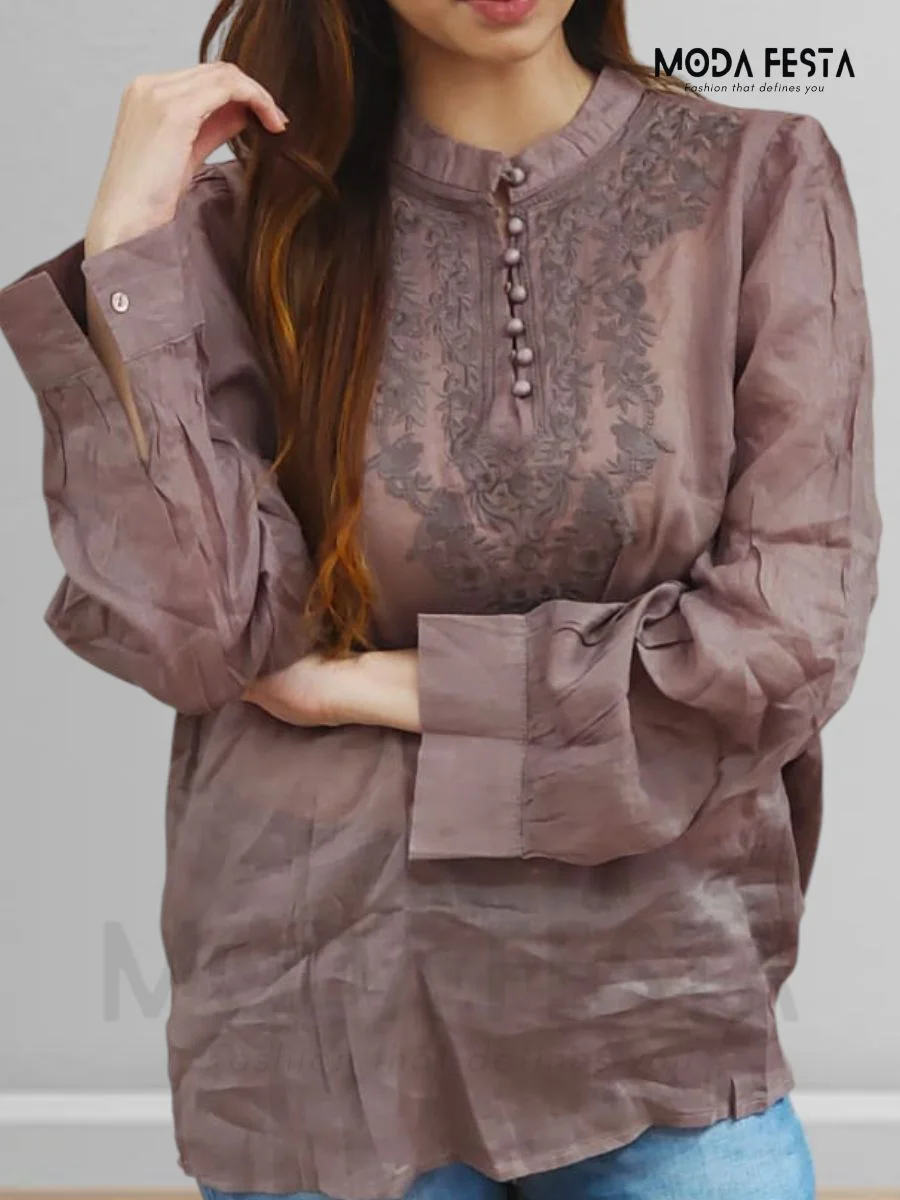 ModaFesta -embroidered-linen-top-brown-mid-lenght