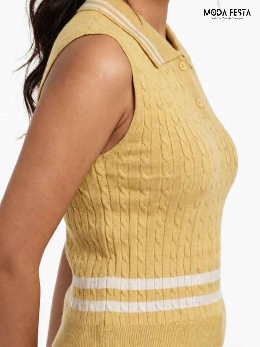 ModaFesta -mustard-yellow-white-striped-cable-knit-sleeveless-polo-top
