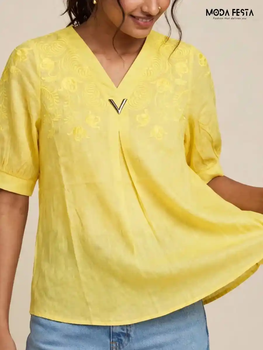 ModaFesta -yellow-embroidered-v-neck-top