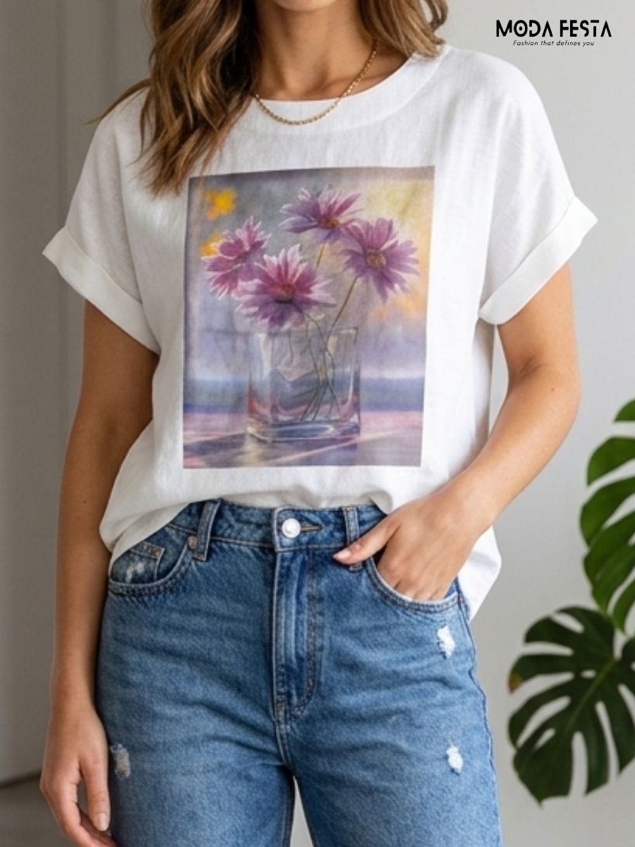 ModaFesta -purple-floral-graphic-cotton-linen-t-shirt