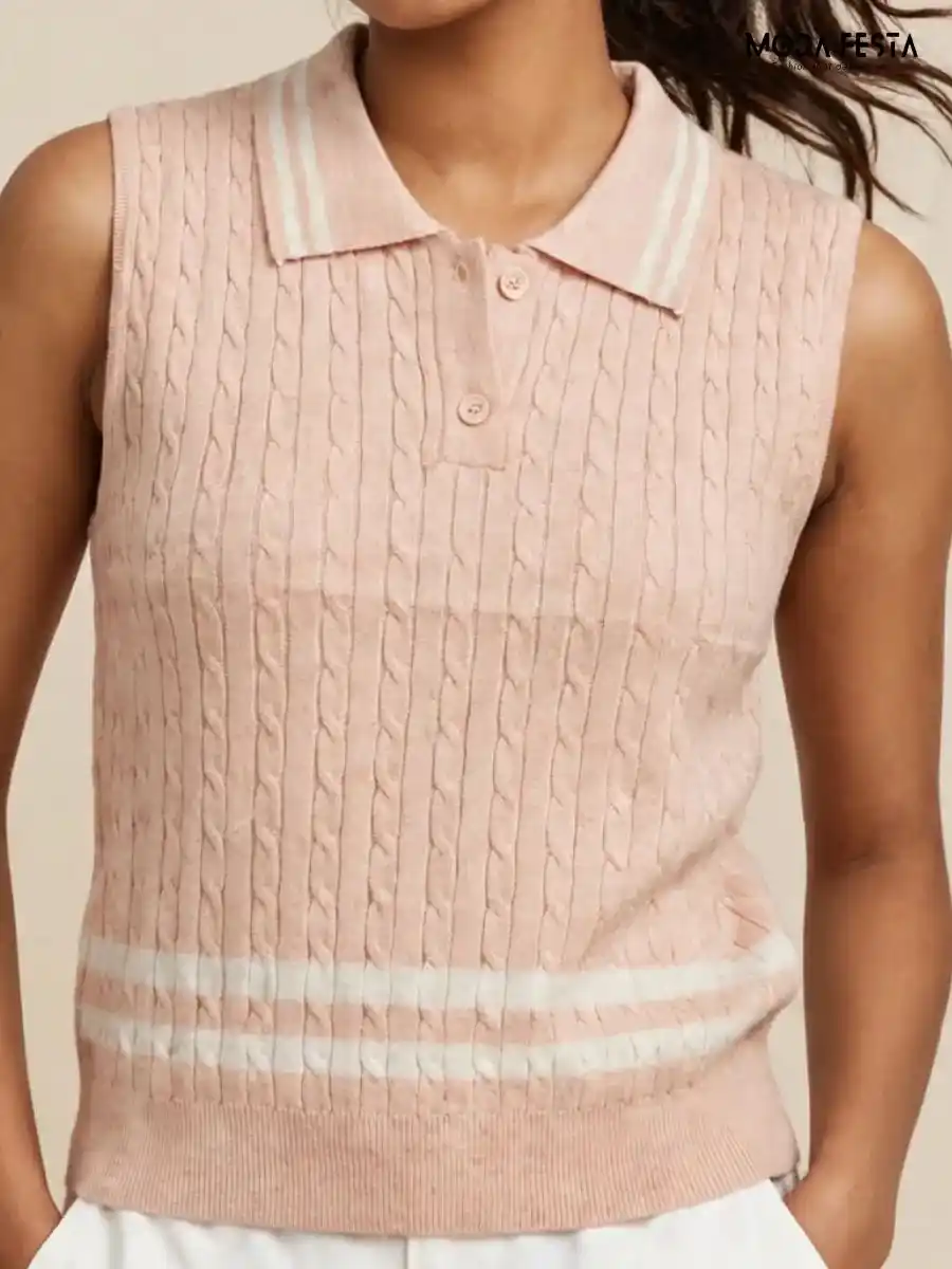 ModaFesta -soft-pink-white-striped-cable-knit-sleeveless-polo-top