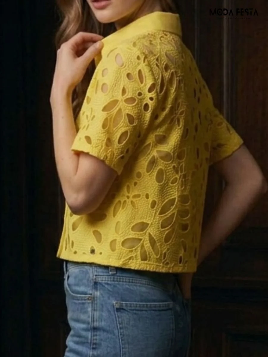 ModaFesta -bright-yellow-floral-eyelet-button-down-shirt