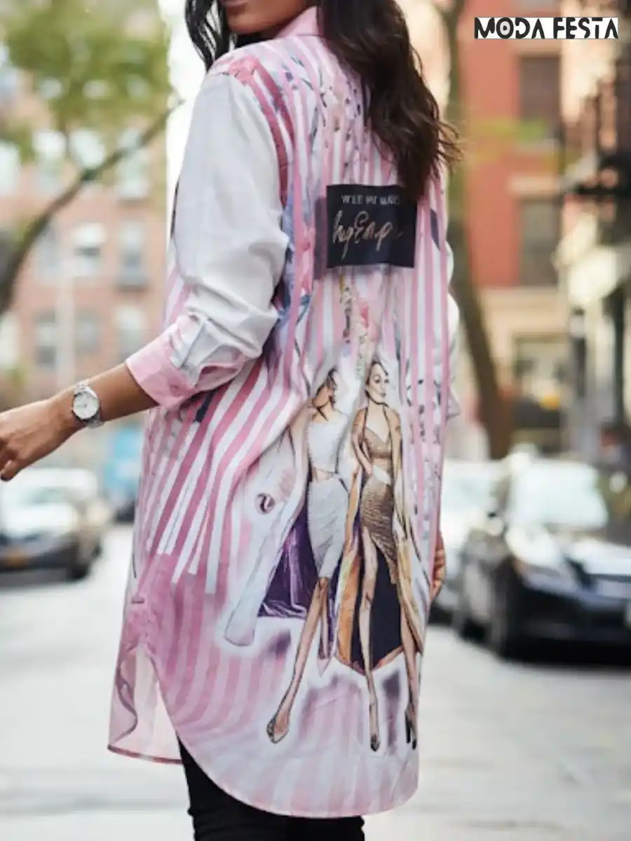 ModaFesta -elegant-floral-striped-long-shirt-pink