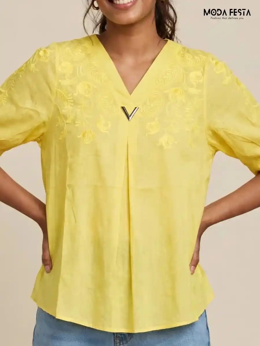 Yellow Embroidered V-Neck Top