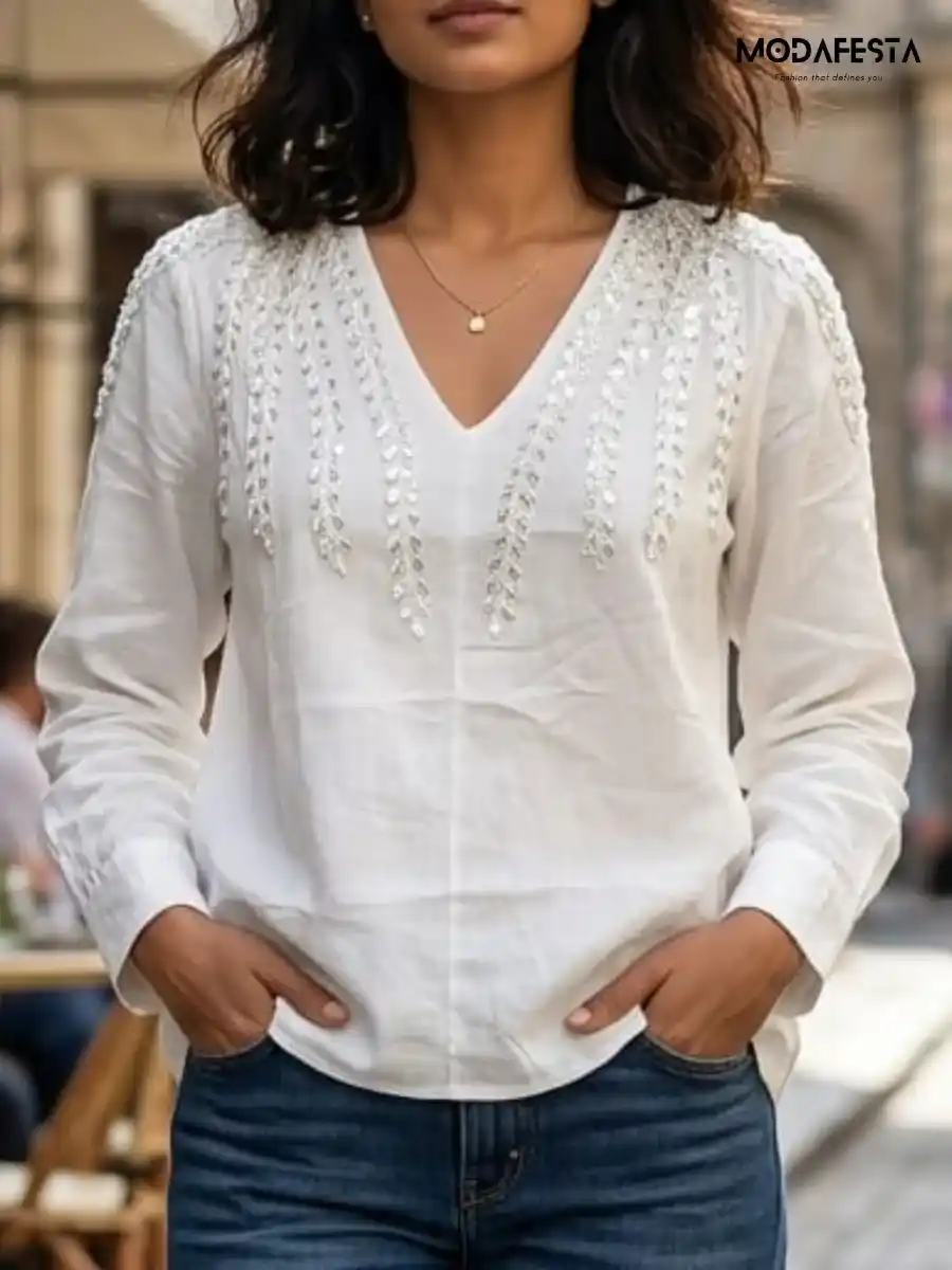 ModaFesta -elegant-embellished-v-neck-top-beige