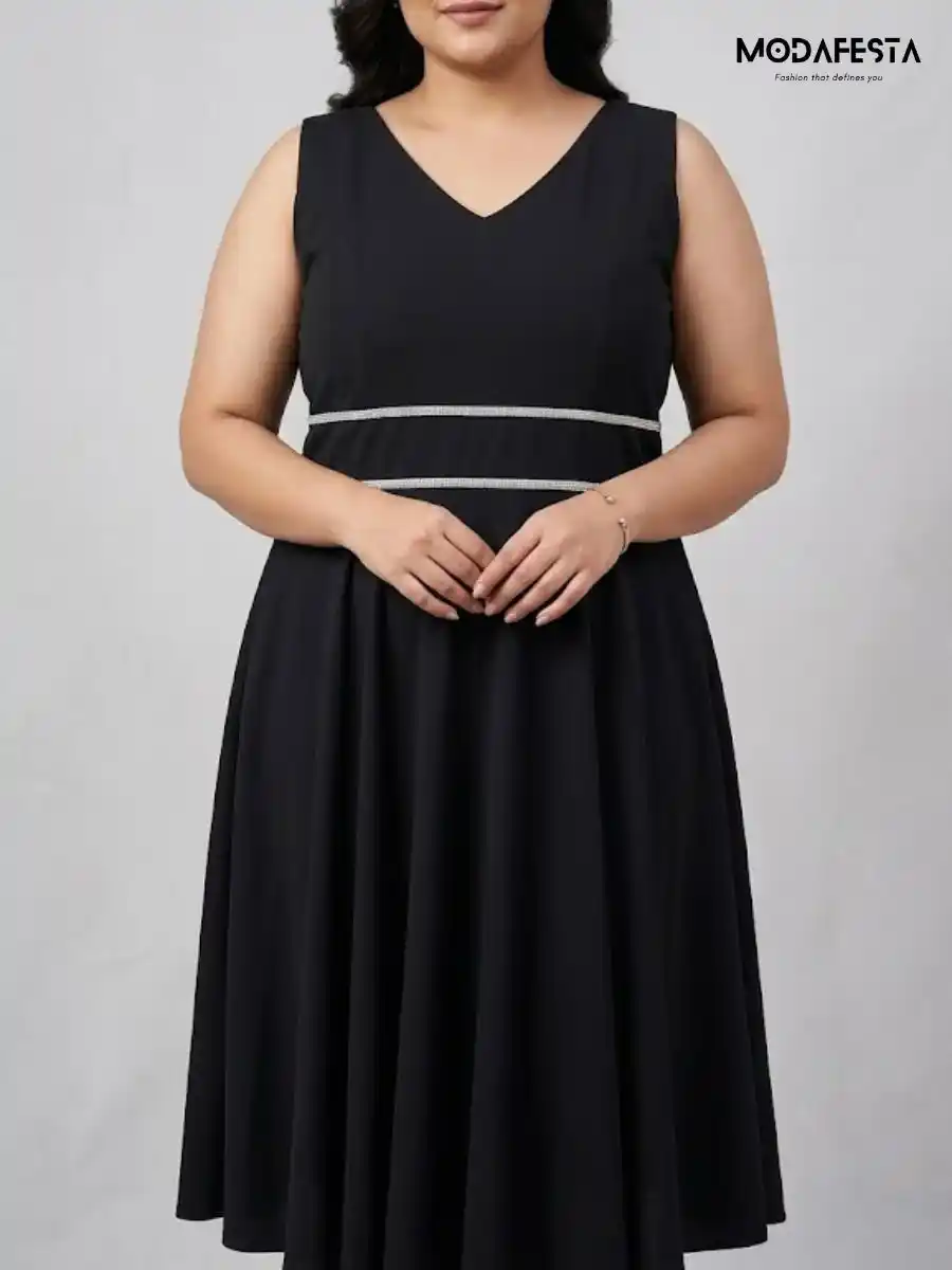 ModaFesta -elegant-embellished-v-neck-fit-and-flair-party-dress-black