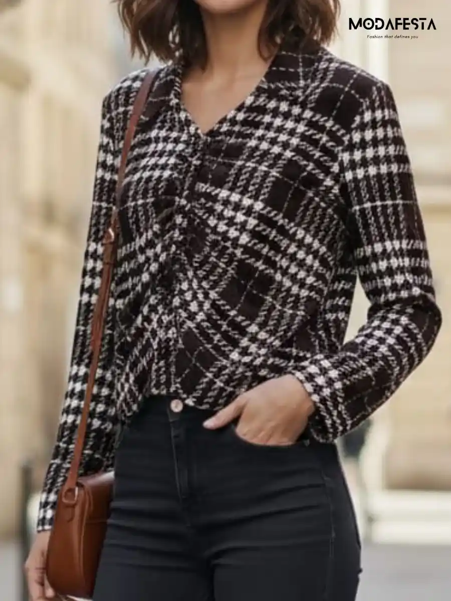 ModaFesta -elegant-brown-checked-collared-top