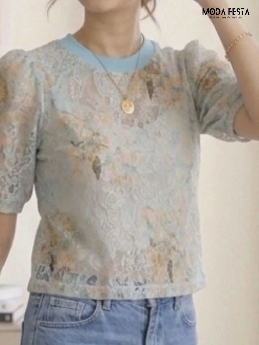 ModaFesta -floral-lace-puff-sleeve-crop-top