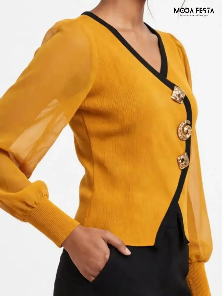 ModaFesta -mustard-black-contrast-trim-asymmetric-statement-top