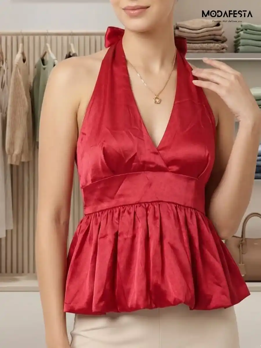 ModaFesta -classy-partywear-halter-neck-top-back-knot-style-red