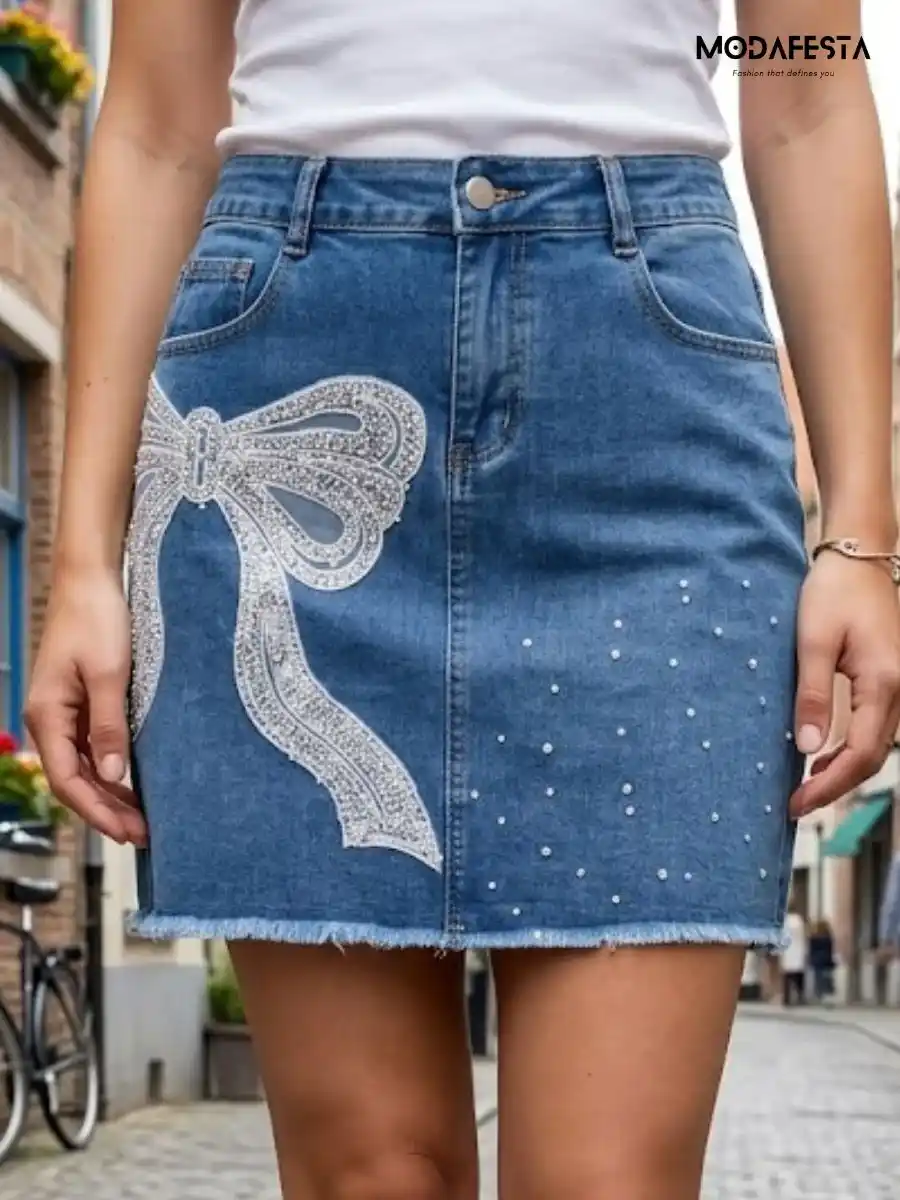 ModaFesta -elegant-rhinetone-big-bow-denim-skirt-blue