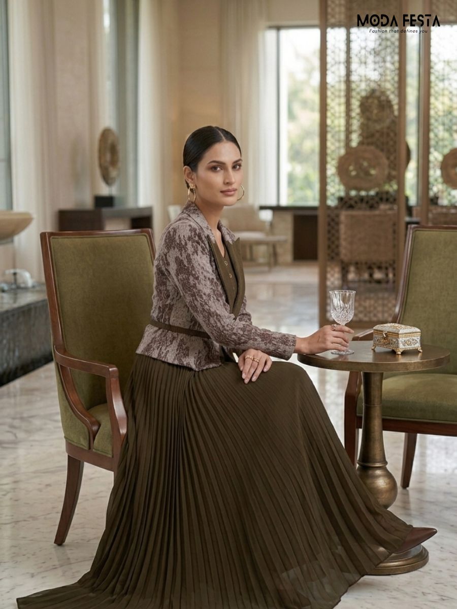 ModaFesta -evelyn-pleated-maxi-dress-jacquard-jacket-set