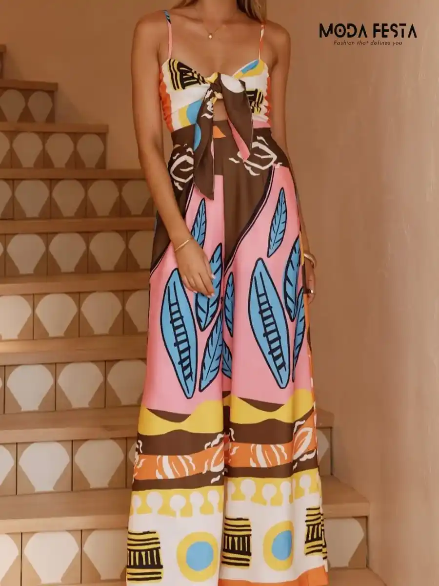 ModaFesta -vibrant-print-tie-up-jumpsuit-brown