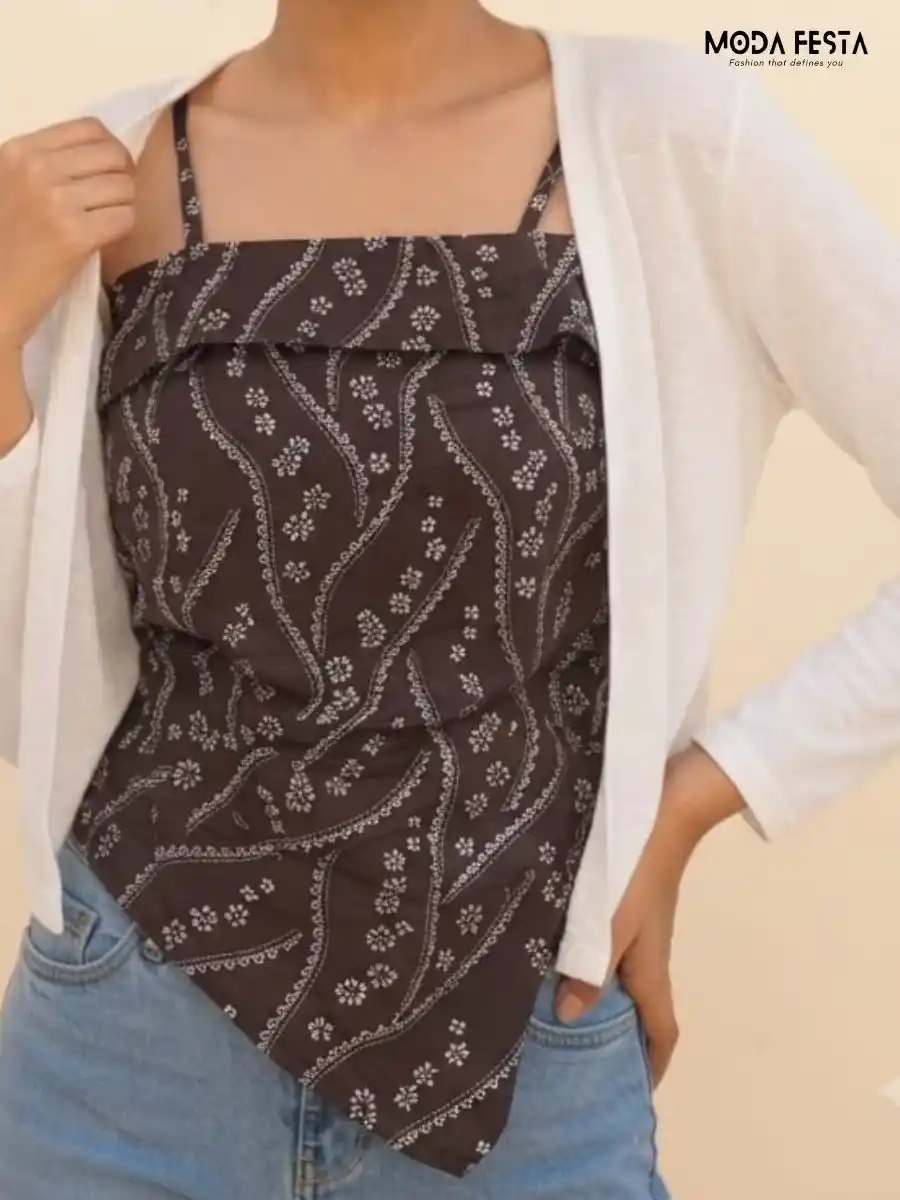 ModaFesta -brown-floral-print-asymmetric-hem-cami-top-white-shrug