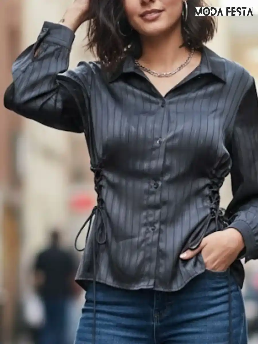 ModaFesta -trendy-black-stripe-shirt-side-tie-up