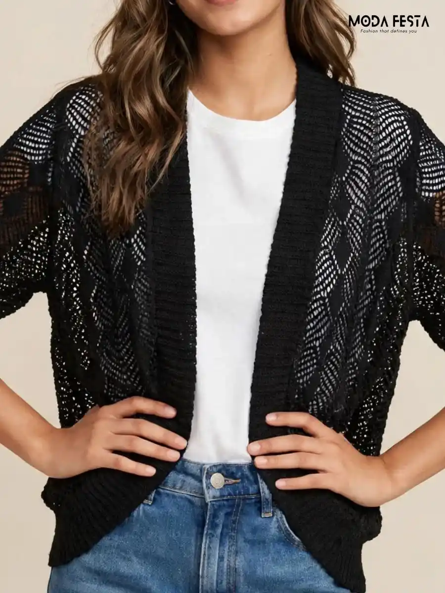 ModaFesta -solid-black-open-front-knit-shrug