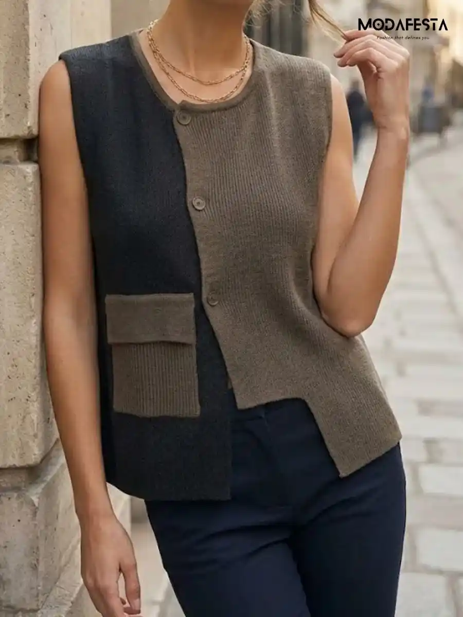 ModaFesta -elegant-knit-vest-two-tone-design-top-olive-green