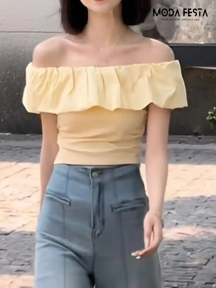 ModaFesta -elegant-off-shoulder-ruffle-top-yellow