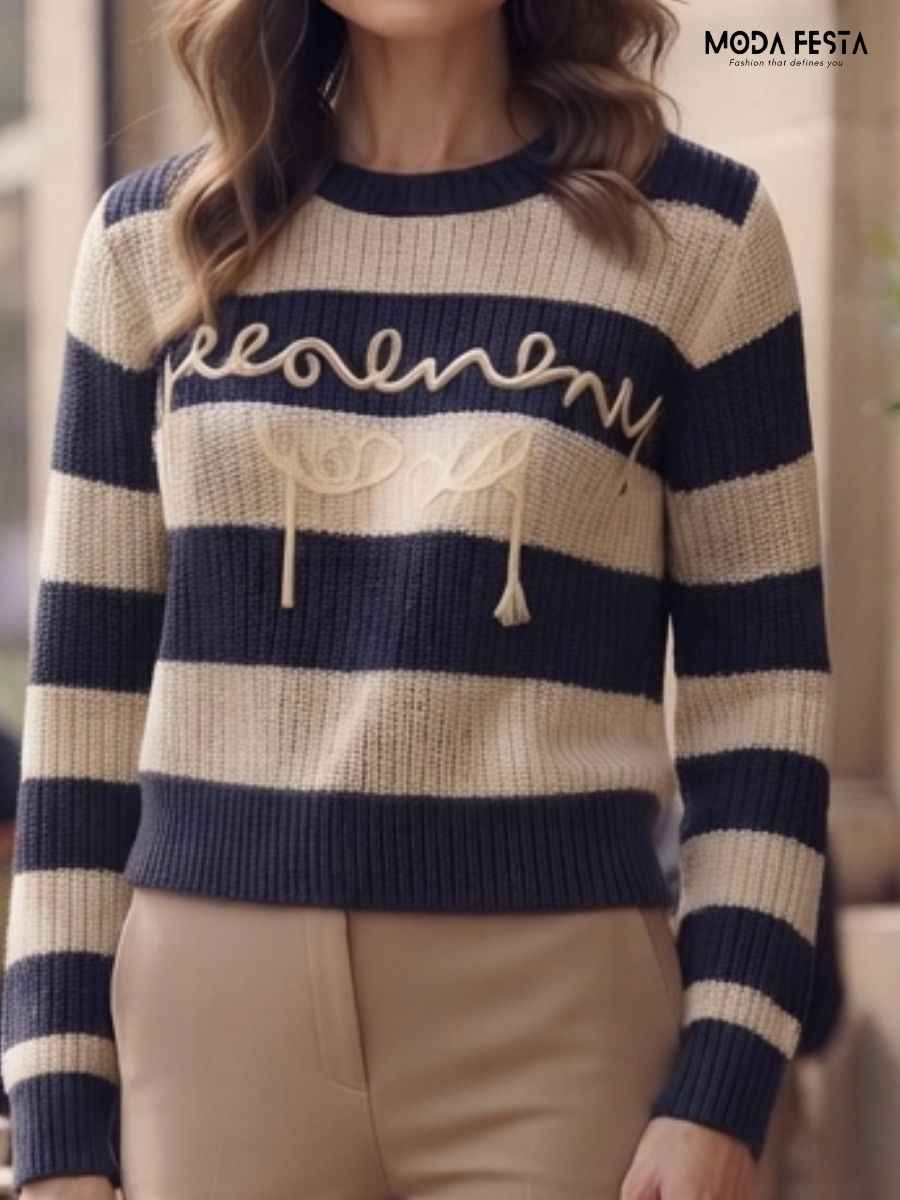 ModaFesta -navy-off-white-striped-crew-neck-knitted-top