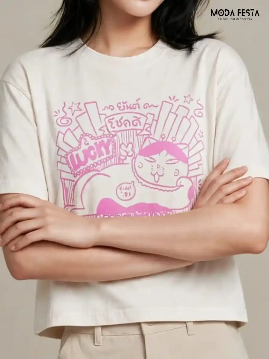 ModaFesta -pink-lucky-cat-graphic-print-crop-t-shirt